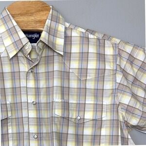 Wrangler Western Shirt Men Large Neutral Plaid Short Sleeve‎ Pearl Snap 2 Pocket